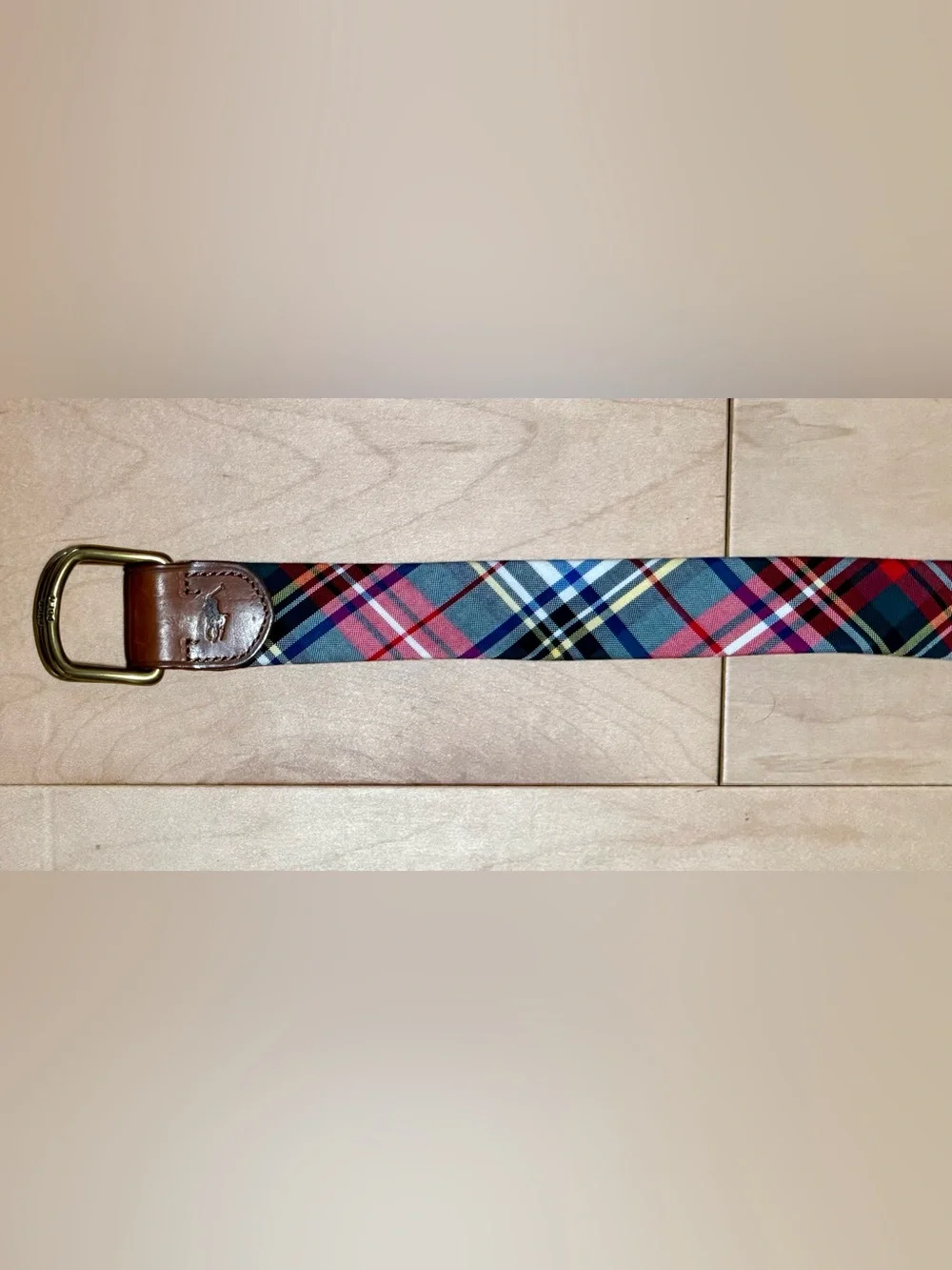 Polo Ralph Lauren D-Ring Belt Tartan Plaid Cotton Leather Trim Adjustable S/M*